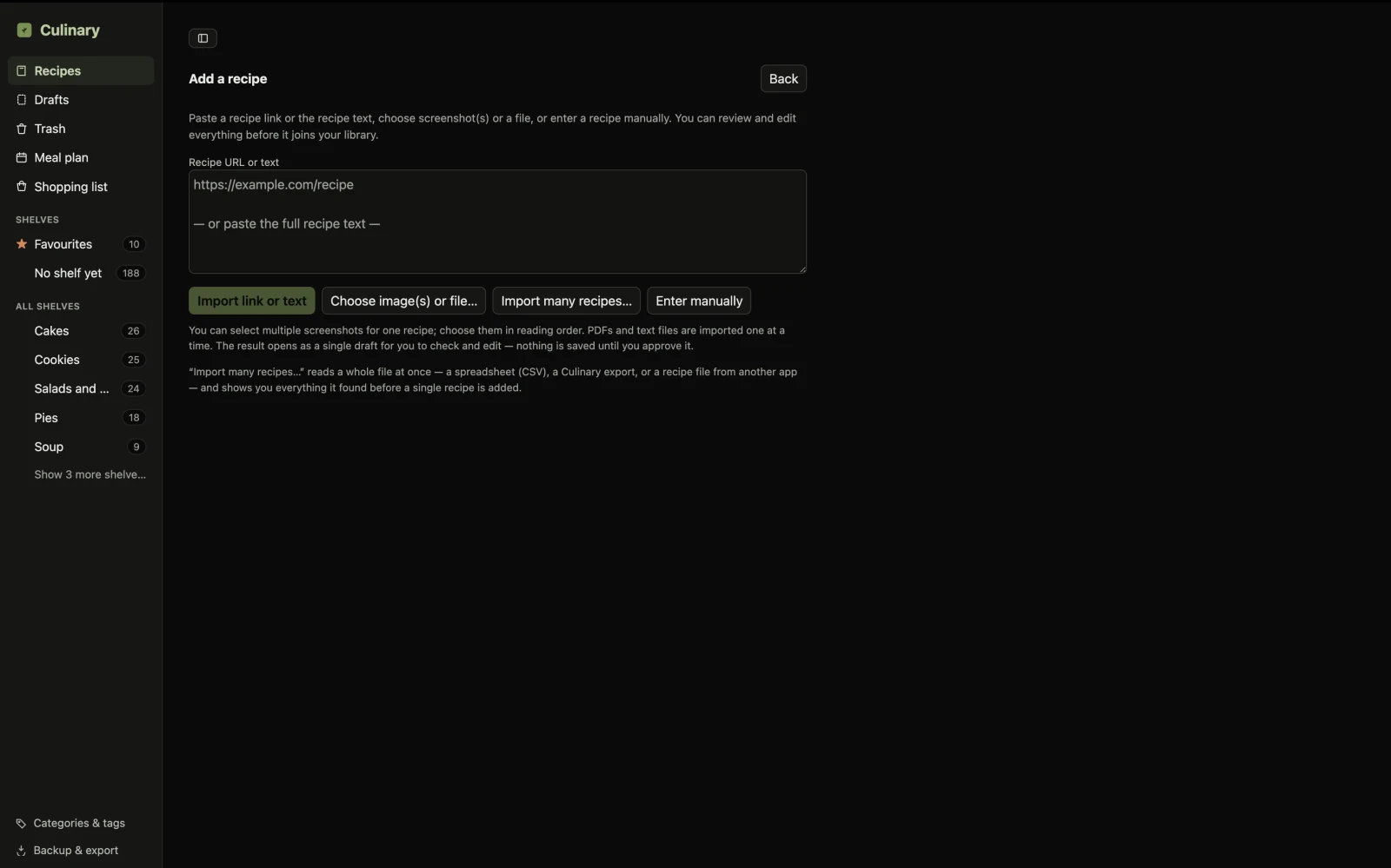 Culinary's Add a recipe screen, with options to import a link, text, images, a file or enter a recipe manually.