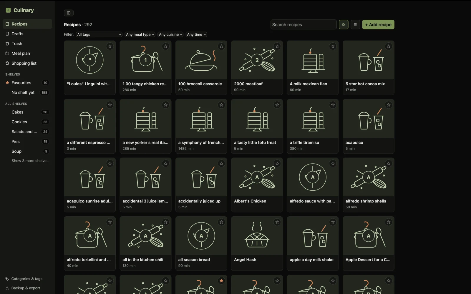 Culinary's desktop recipe library with search, filters and a grid of recipes.